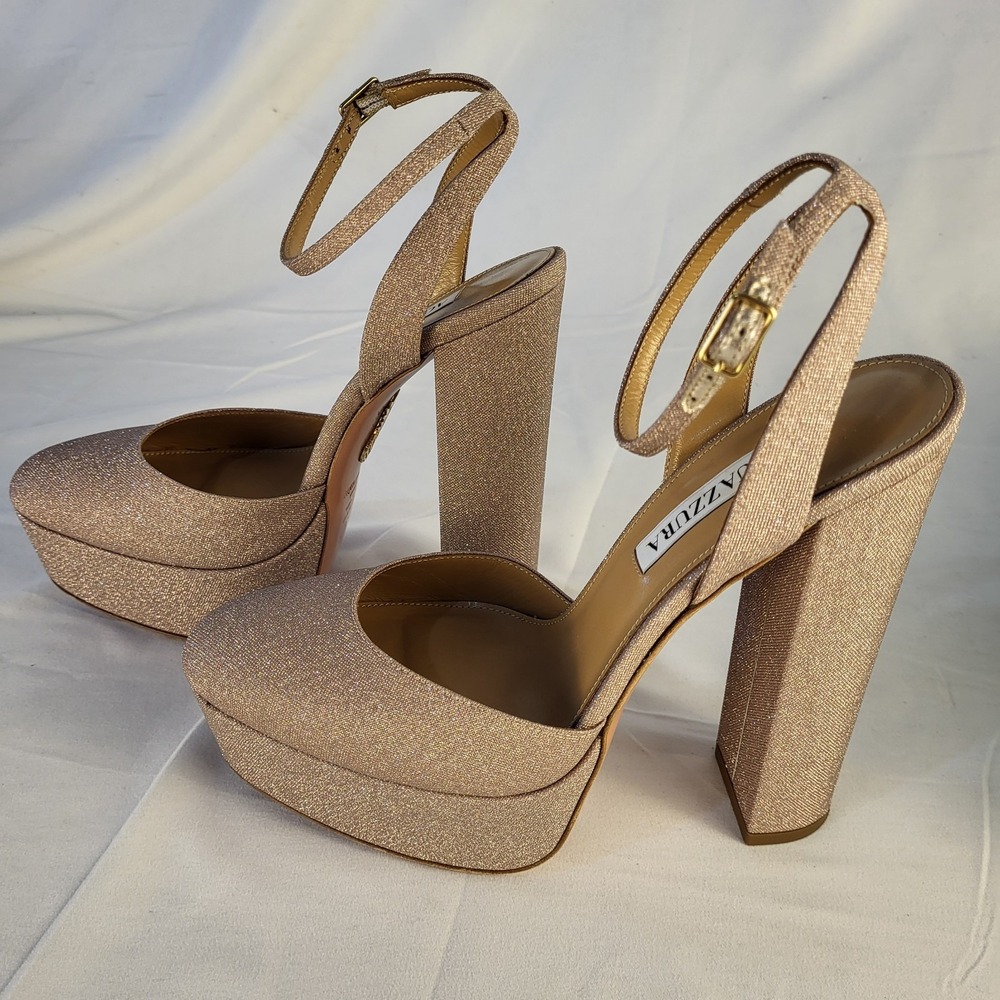 Aquazzura Sz EU 37 So High 6" Heel  Rose Gold Micro Glitter + Box + Dustbag